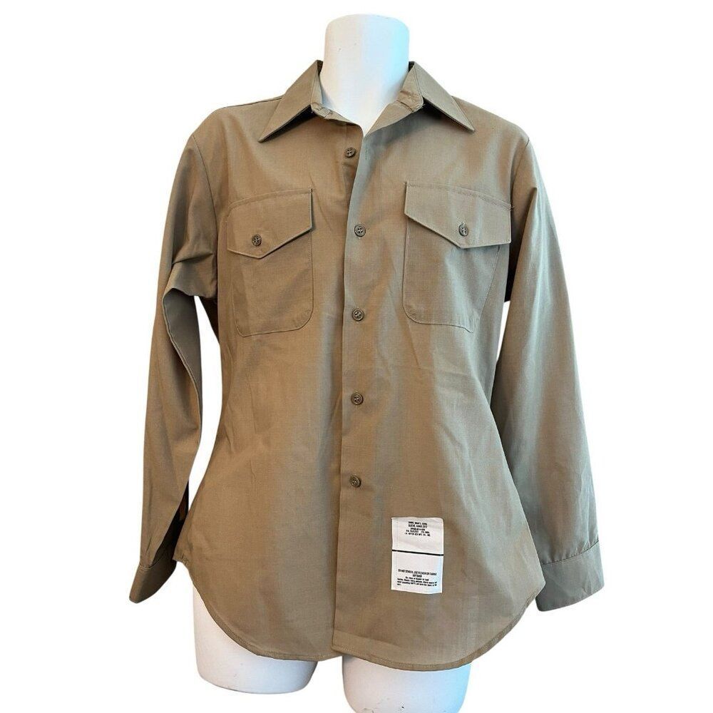 Mens Large 16 x 34 USMC Marine Corps Military Khaki Long Sleeve Button Shirt